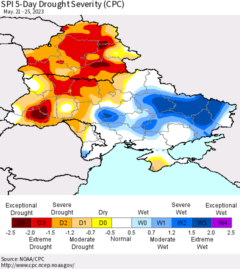 Ukraine, Moldova and Belarus SPI 5-Day Drought Severity (CPC) Thematic Map For 5/21/2023 - 5/25/2023