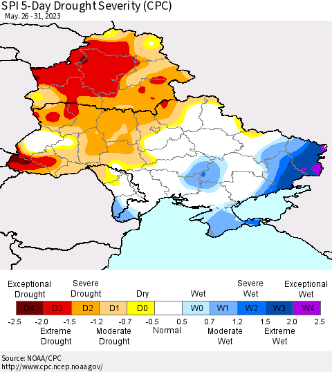 Ukraine, Moldova and Belarus SPI 5-Day Drought Severity (CPC) Thematic Map For 5/26/2023 - 5/31/2023
