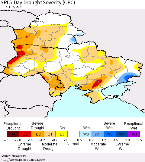 Ukraine, Moldova and Belarus SPI 5-Day Drought Severity (CPC) Thematic Map For 6/1/2023 - 6/5/2023