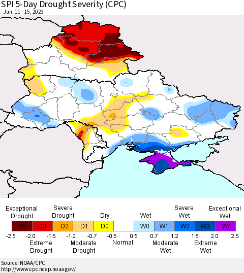Ukraine, Moldova and Belarus SPI 5-Day Drought Severity (CPC) Thematic Map For 6/11/2023 - 6/15/2023