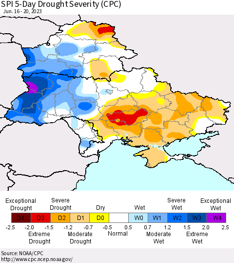 Ukraine, Moldova and Belarus SPI 5-Day Drought Severity (CPC) Thematic Map For 6/16/2023 - 6/20/2023