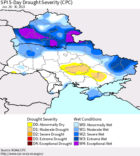Ukraine, Moldova and Belarus SPI 5-Day Drought Severity (CPC) Thematic Map For 6/26/2023 - 6/30/2023