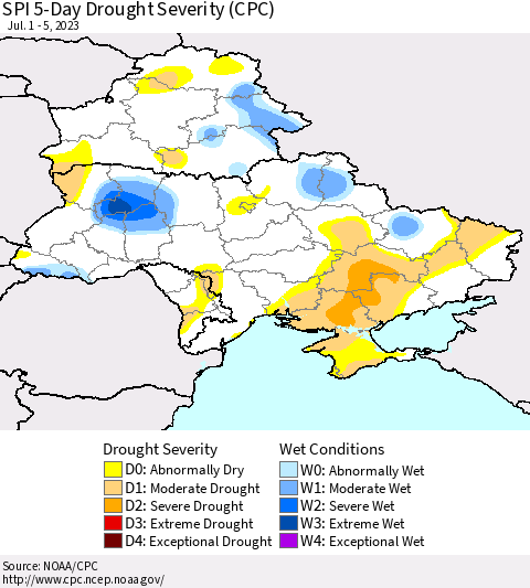 Ukraine, Moldova and Belarus SPI 5-Day Drought Severity (CPC) Thematic Map For 7/1/2023 - 7/5/2023