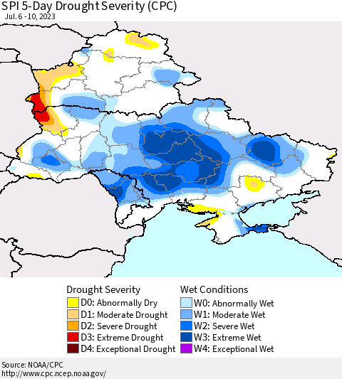 Ukraine, Moldova and Belarus SPI 5-Day Drought Severity (CPC) Thematic Map For 7/6/2023 - 7/10/2023