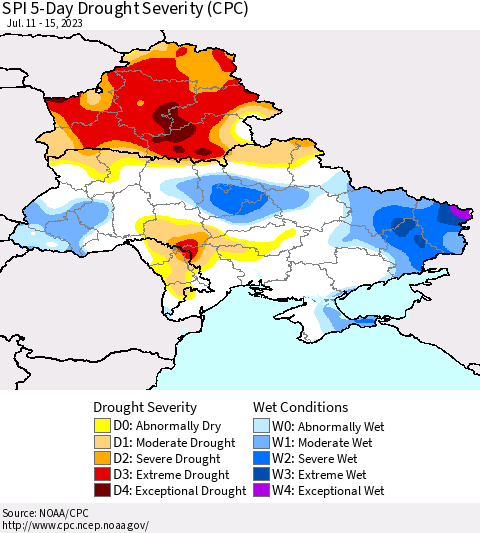 Ukraine, Moldova and Belarus SPI 5-Day Drought Severity (CPC) Thematic Map For 7/11/2023 - 7/15/2023