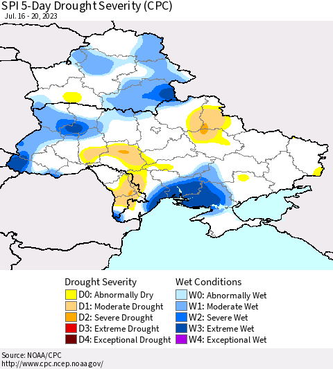 Ukraine, Moldova and Belarus SPI 5-Day Drought Severity (CPC) Thematic Map For 7/16/2023 - 7/20/2023