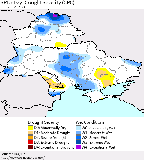 Ukraine, Moldova and Belarus SPI 5-Day Drought Severity (CPC) Thematic Map For 7/21/2023 - 7/25/2023