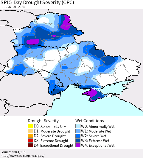 Ukraine, Moldova and Belarus SPI 5-Day Drought Severity (CPC) Thematic Map For 7/26/2023 - 7/31/2023
