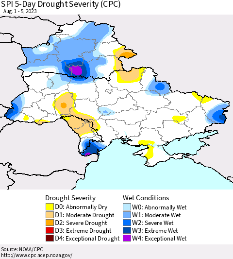 Ukraine, Moldova and Belarus SPI 5-Day Drought Severity (CPC) Thematic Map For 8/1/2023 - 8/5/2023