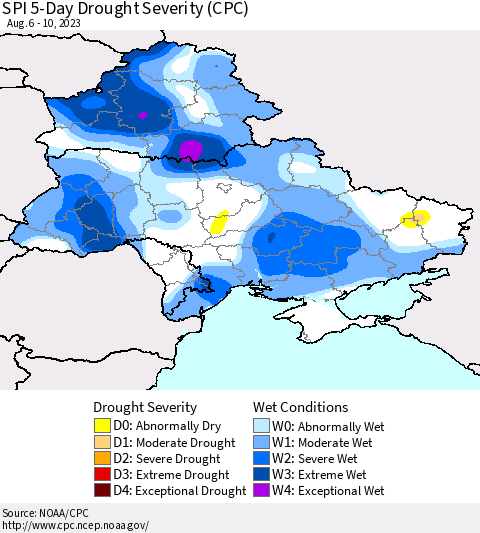 Ukraine, Moldova and Belarus SPI 5-Day Drought Severity (CPC) Thematic Map For 8/6/2023 - 8/10/2023