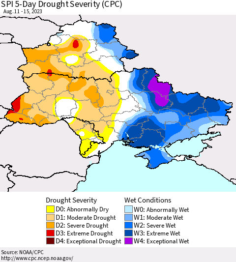 Ukraine, Moldova and Belarus SPI 5-Day Drought Severity (CPC) Thematic Map For 8/11/2023 - 8/15/2023