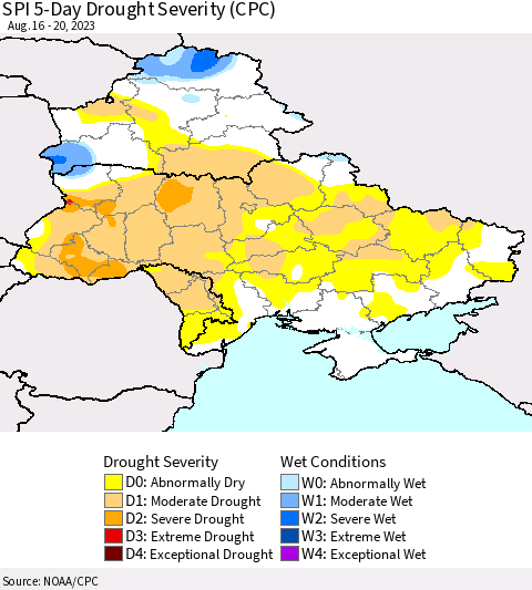 Ukraine, Moldova and Belarus SPI 5-Day Drought Severity (CPC) Thematic Map For 8/16/2023 - 8/20/2023