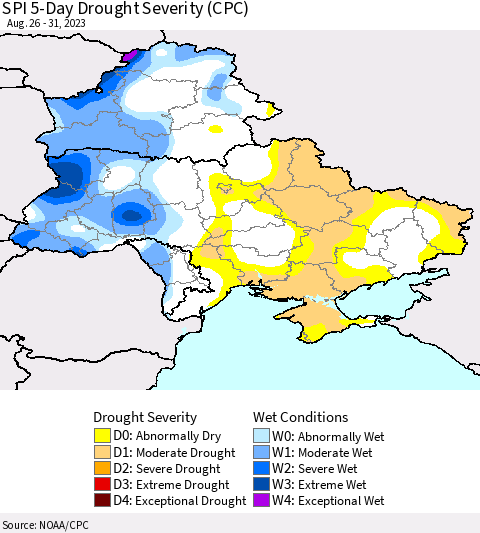 Ukraine, Moldova and Belarus SPI 5-Day Drought Severity (CPC) Thematic Map For 8/26/2023 - 8/31/2023