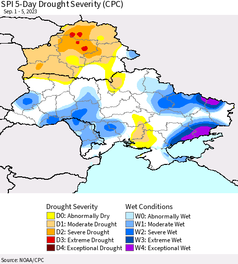 Ukraine, Moldova and Belarus SPI 5-Day Drought Severity (CPC) Thematic Map For 9/1/2023 - 9/5/2023