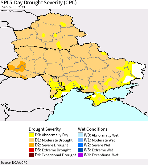 Ukraine, Moldova and Belarus SPI 5-Day Drought Severity (CPC) Thematic Map For 9/6/2023 - 9/10/2023