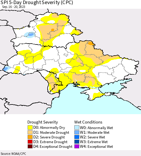 Ukraine, Moldova and Belarus SPI 5-Day Drought Severity (CPC) Thematic Map For 9/16/2023 - 9/20/2023