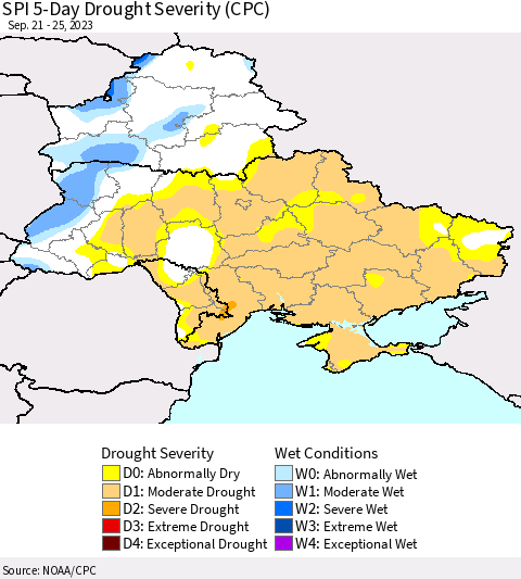 Ukraine, Moldova and Belarus SPI 5-Day Drought Severity (CPC) Thematic Map For 9/21/2023 - 9/25/2023
