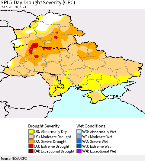 Ukraine, Moldova and Belarus SPI 5-Day Drought Severity (CPC) Thematic Map For 9/26/2023 - 9/30/2023