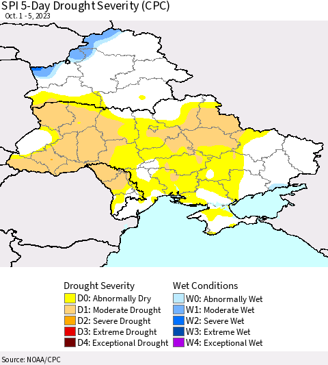 Ukraine, Moldova and Belarus SPI 5-Day Drought Severity (CPC) Thematic Map For 10/1/2023 - 10/5/2023