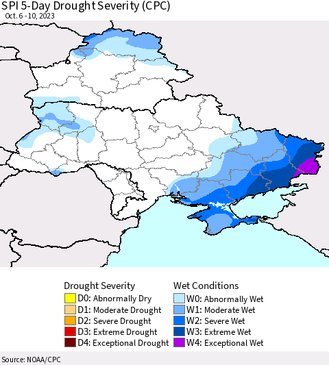 Ukraine, Moldova and Belarus SPI 5-Day Drought Severity (CPC) Thematic Map For 10/6/2023 - 10/10/2023