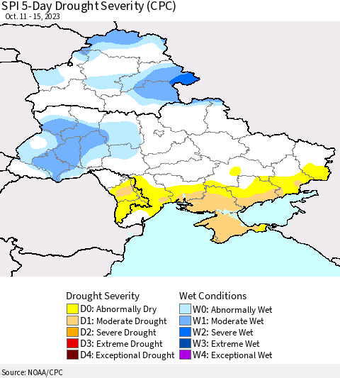 Ukraine, Moldova and Belarus SPI 5-Day Drought Severity (CPC) Thematic Map For 10/11/2023 - 10/15/2023