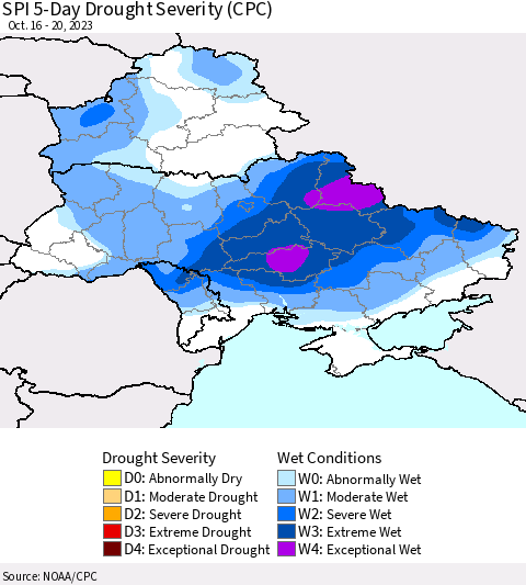 Ukraine, Moldova and Belarus SPI 5-Day Drought Severity (CPC) Thematic Map For 10/16/2023 - 10/20/2023