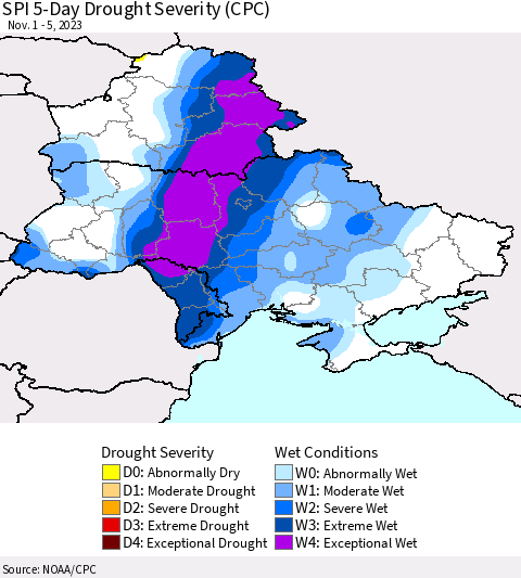 Ukraine, Moldova and Belarus SPI 5-Day Drought Severity (CPC) Thematic Map For 11/1/2023 - 11/5/2023