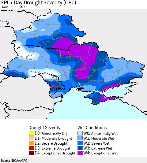 Ukraine, Moldova and Belarus SPI 5-Day Drought Severity (CPC) Thematic Map For 11/11/2023 - 11/15/2023