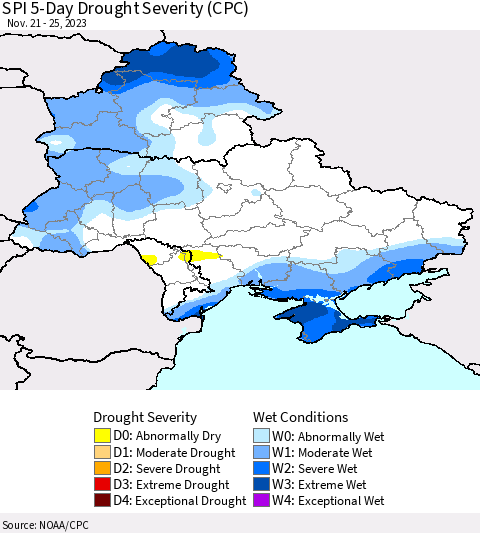 Ukraine, Moldova and Belarus SPI 5-Day Drought Severity (CPC) Thematic Map For 11/21/2023 - 11/25/2023