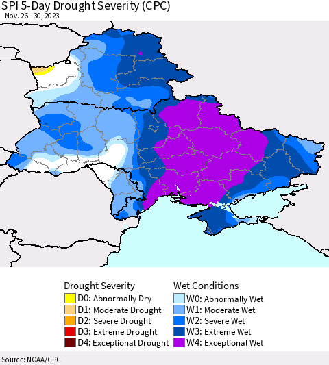 Ukraine, Moldova and Belarus SPI 5-Day Drought Severity (CPC) Thematic Map For 11/26/2023 - 11/30/2023
