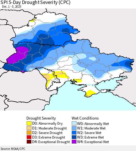 Ukraine, Moldova and Belarus SPI 5-Day Drought Severity (CPC) Thematic Map For 12/1/2023 - 12/5/2023