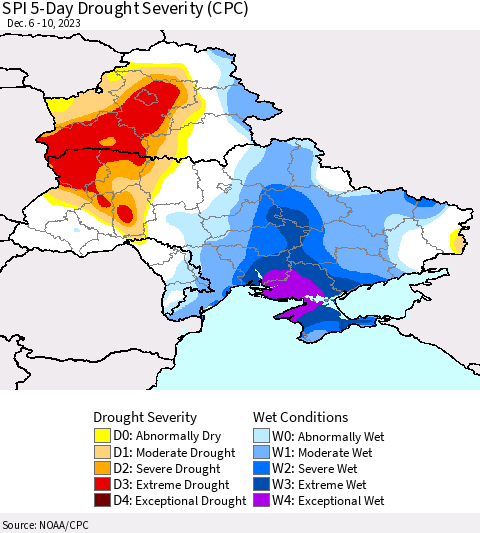 Ukraine, Moldova and Belarus SPI 5-Day Drought Severity (CPC) Thematic Map For 12/6/2023 - 12/10/2023