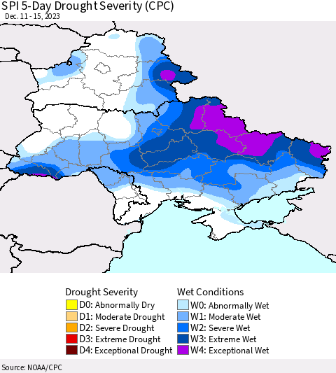 Ukraine, Moldova and Belarus SPI 5-Day Drought Severity (CPC) Thematic Map For 12/11/2023 - 12/15/2023