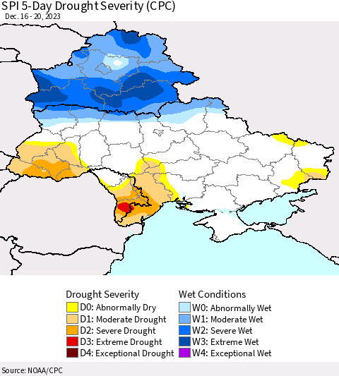 Ukraine, Moldova and Belarus SPI 5-Day Drought Severity (CPC) Thematic Map For 12/16/2023 - 12/20/2023