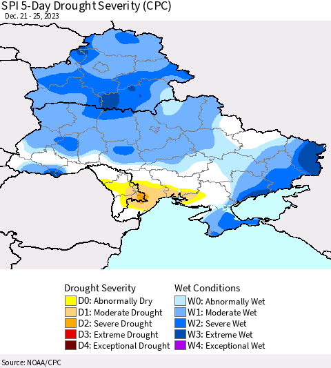 Ukraine, Moldova and Belarus SPI 5-Day Drought Severity (CPC) Thematic Map For 12/21/2023 - 12/25/2023