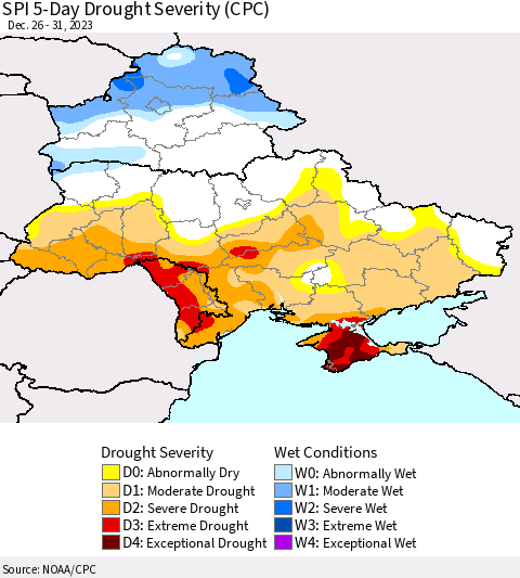 Ukraine, Moldova and Belarus SPI 5-Day Drought Severity (CPC) Thematic Map For 12/26/2023 - 12/31/2023