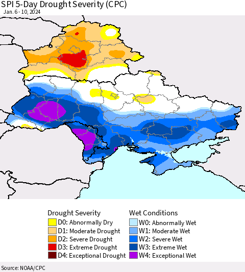 Ukraine, Moldova and Belarus SPI 5-Day Drought Severity (CPC) Thematic Map For 1/6/2024 - 1/10/2024