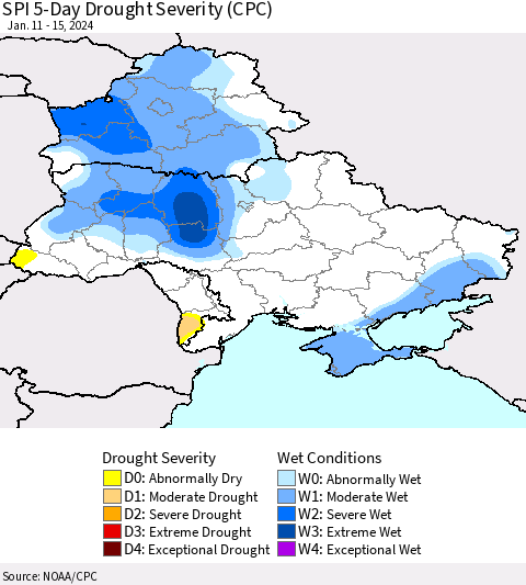 Ukraine, Moldova and Belarus SPI 5-Day Drought Severity (CPC) Thematic Map For 1/11/2024 - 1/15/2024