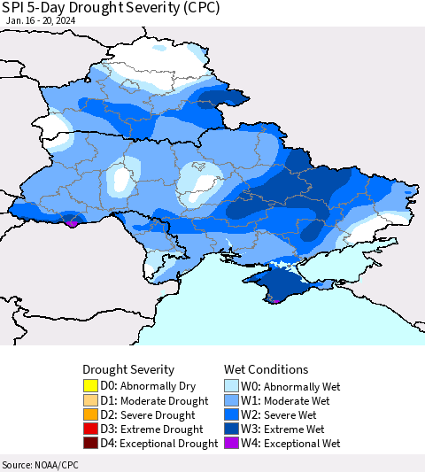 Ukraine, Moldova and Belarus SPI 5-Day Drought Severity (CPC) Thematic Map For 1/16/2024 - 1/20/2024