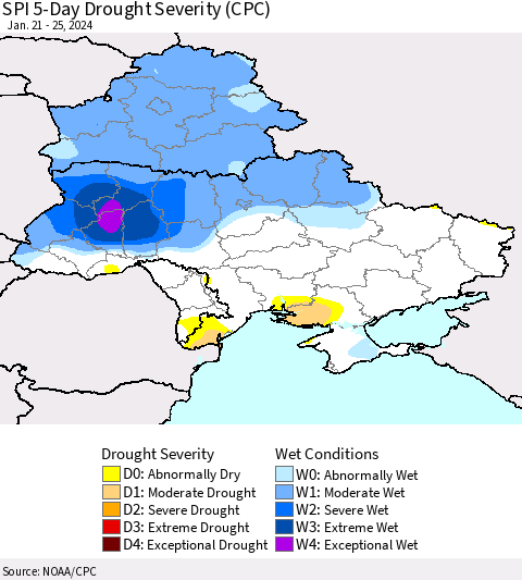 Ukraine, Moldova and Belarus SPI 5-Day Drought Severity (CPC) Thematic Map For 1/21/2024 - 1/25/2024