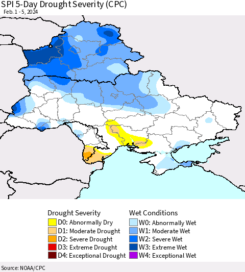 Ukraine, Moldova and Belarus SPI 5-Day Drought Severity (CPC) Thematic Map For 2/1/2024 - 2/5/2024