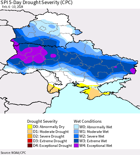 Ukraine, Moldova and Belarus SPI 5-Day Drought Severity (CPC) Thematic Map For 2/6/2024 - 2/10/2024