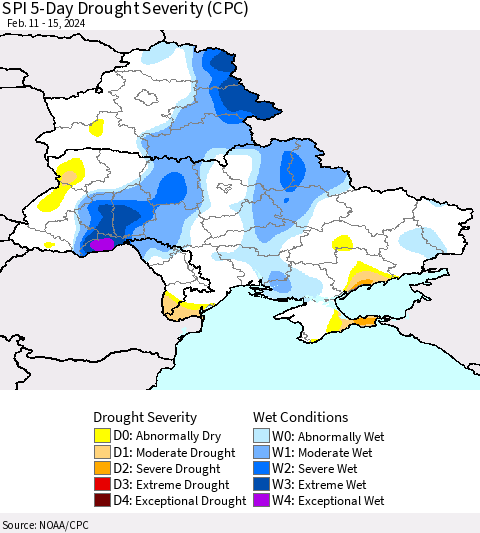 Ukraine, Moldova and Belarus SPI 5-Day Drought Severity (CPC) Thematic Map For 2/11/2024 - 2/15/2024