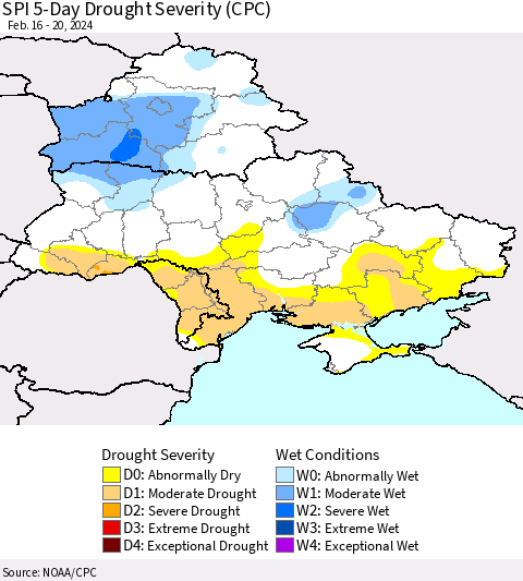 Ukraine, Moldova and Belarus SPI 5-Day Drought Severity (CPC) Thematic Map For 2/16/2024 - 2/20/2024