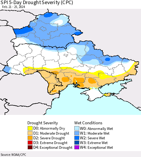 Ukraine, Moldova and Belarus SPI 5-Day Drought Severity (CPC) Thematic Map For 2/21/2024 - 2/25/2024