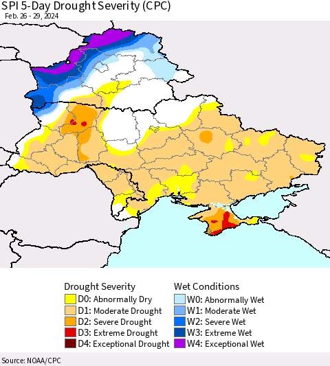 Ukraine, Moldova and Belarus SPI 5-Day Drought Severity (CPC) Thematic Map For 2/26/2024 - 2/29/2024
