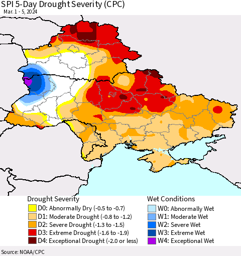 Ukraine, Moldova and Belarus SPI 5-Day Drought Severity (CPC) Thematic Map For 3/1/2024 - 3/5/2024