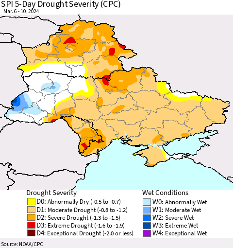 Ukraine, Moldova and Belarus SPI 5-Day Drought Severity (CPC) Thematic Map For 3/6/2024 - 3/10/2024