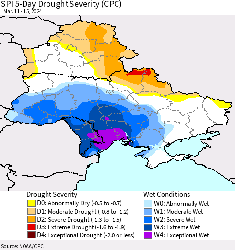 Ukraine, Moldova and Belarus SPI 5-Day Drought Severity (CPC) Thematic Map For 3/11/2024 - 3/15/2024