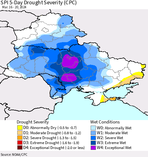 Ukraine, Moldova and Belarus SPI 5-Day Drought Severity (CPC) Thematic Map For 3/16/2024 - 3/20/2024
